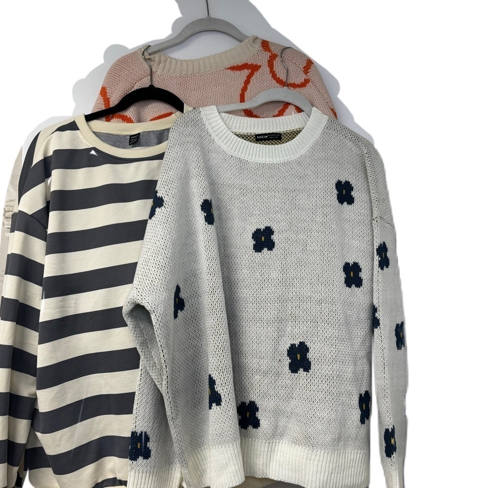 Shein womans bundle 3 sweaters floral stripes winter L ivory orange gray navy